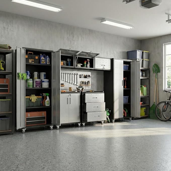 Garage Cabinet System | Heavy Duty Steel All-in-One Modular Garage Cabinet Set for Ultimate Workshop Organization | Easy Assembly Garage Storage Cabinets & Tool Bench