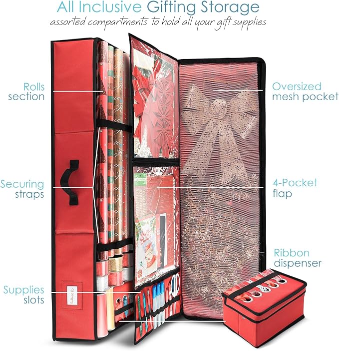 Hearth & Harbor Wrapping Paper Storage Container - Christmas Storage Bag with Ribbon Dispenser and Interior Pockets - Gift Wrap Organizer Fits Up to 26 Rolls of 40" Length, Red