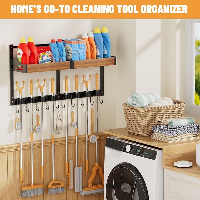 Broom and Mop Organizer Wall Mount, 2 pcs | Wall Hanging, Cleaning Supplies Organizer, Storage Shelf and Hooks, For Laundry Room Garage Kitchen