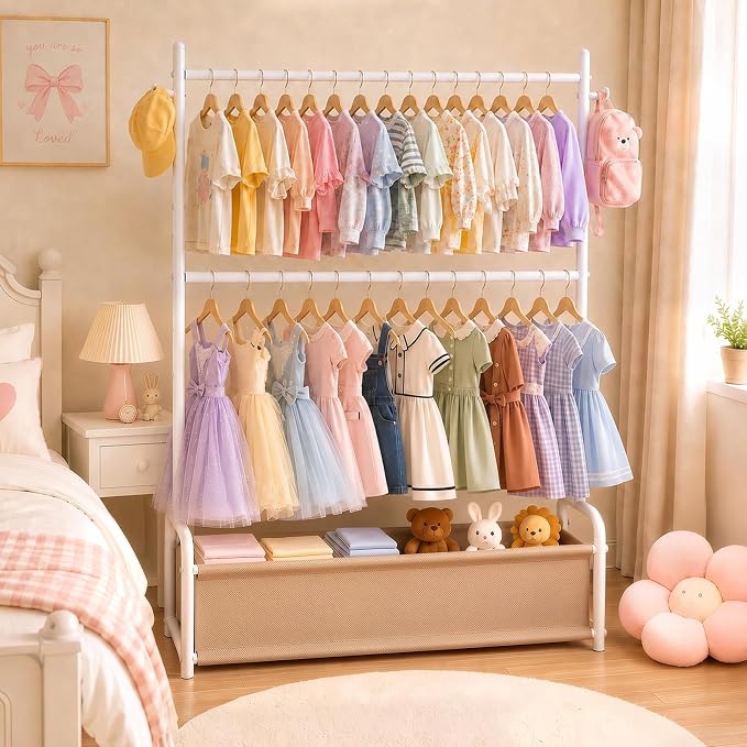 Kids Clothes Rack with Double Rod Height Adjustable Clothing Rack White | Storage Basket & Hooks, Height Adjustable Kids Clothes Rack, Portable Baby Dress Up Garment Rack for Princess Dresses