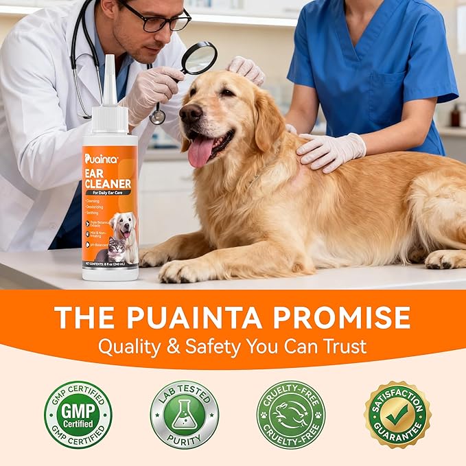 PUAINTA Dog Ear Cleaner Solution - Alcohol-Free Ear Wash with Quantum Silver & Witch Hazel - Soothes Itch, Removes Wax & Odor - Gentle Daily Flush for Dogs & Cats (8 oz)