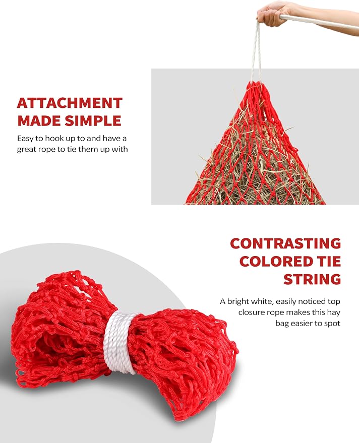 Harrison Howard Slow Feed Hay Net for Horses, 40 Inch Hay Bag Holds 1–2 Flakes, 2 Inch Mesh Durable Hanging Feeder for Stable, Pasture & Livestock-Red