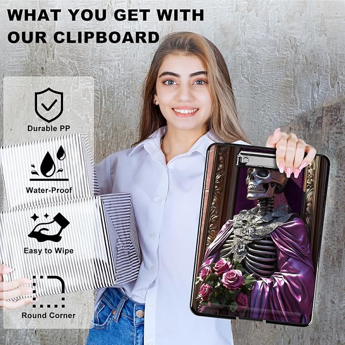 Heavy Duty Storage Clipboard, Slim Nursing Clipboard with Internal Pen Case, Portable File Organizer Case for A4 Letter Size Paper Office Medical Professionals, Purple Clothes Skull