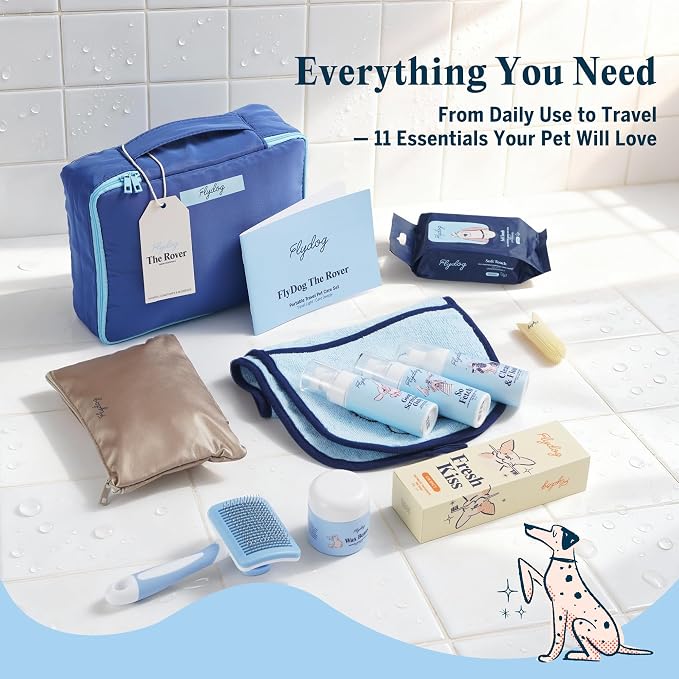 FlyDog The Rover Pet Travel Bag - 11 Piece Dog Grooming Kit with Shampoo, Conditioner, Paw Cream, Toothpaste & Toothbrush, and More, Dog Camping Essentials for Hiking and Outdoor Adventures