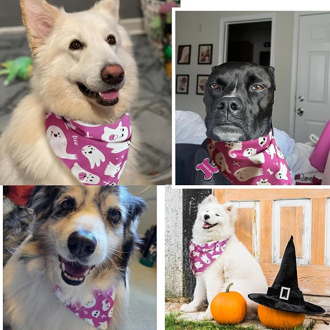 Halloween Dog Bandanas Pink Ghost Boo Costumes for 7-30lbs Pets