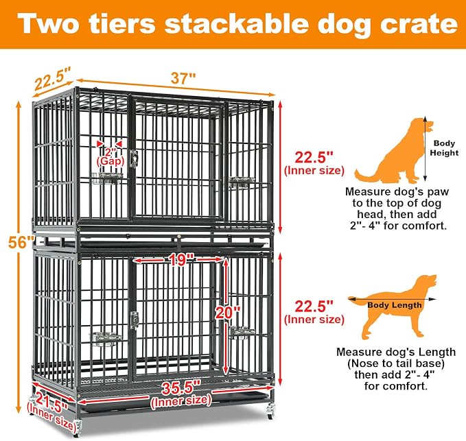 Homey Pet Two Tier 37" Heavy Duty Stackable Dog Crate with Wheels | Metal Crate for Dogs with Escape proof Locks, Tray, Bowl, Open Top, for Small and Medium Dogs, Breeders and Multi-dog Homes