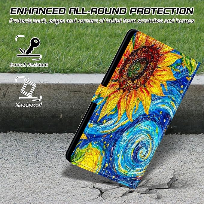 Universal Tablet Case for T-Mobile Revvl Tab 2 10.1" 2025/Revvl Tab 5G 10.36" 2023, 360 Degree Rotating Kickstand Protective Stand PU Leather Shell Cover for 9"-10.5", Starry Sunflower