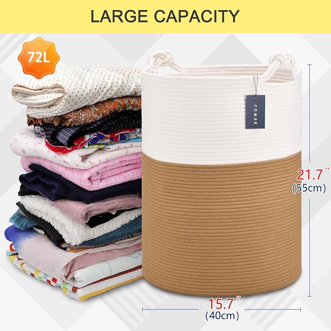 COMSE Tall Woven Blanket & Laundry Basket, 72L, White & Camel | 15.7”x 21.7”, Cotton Rope, Large Nursery Hamper for Storage of Toys Clothes Towels, Great for Living Rooms Bedrooms Bathrooms