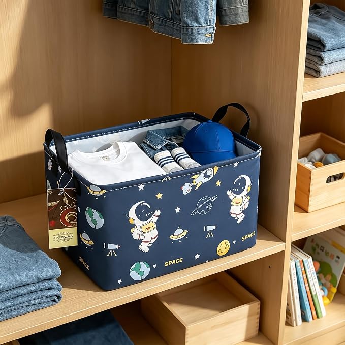 Rectangle Foldable Storage Basket Handles For Home, Space Astronaut | Waterproof reinforced handles, perfect for shelf use, organizes clothes, daily items and pet supplies