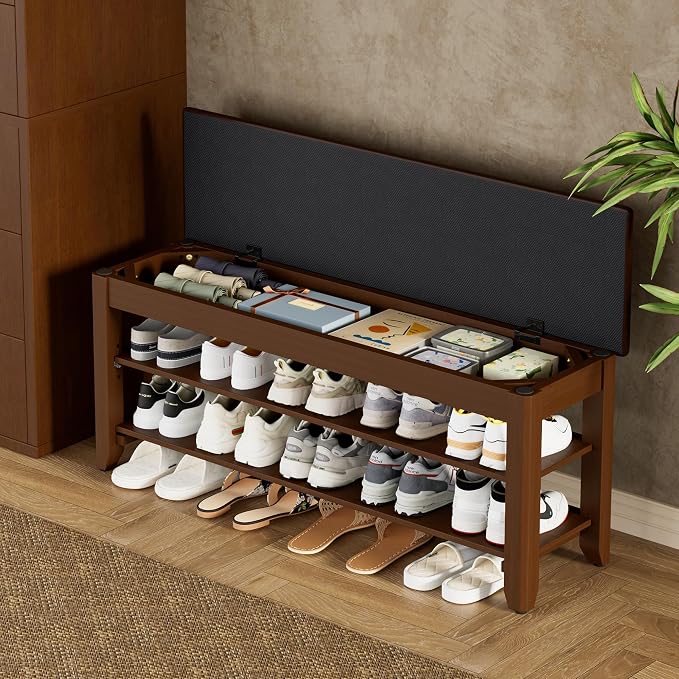 Homleke 39.4" Wide Solid Wood Shoe Rack Bench with Flip-Top Storage | 2-Tier Entryway Bench with Cushion, Adjustable Shelf, Holds Up to 10 Pairs, for Hallway, Bedroom and Closet, Walnut