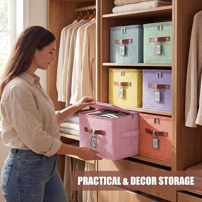 6 Pack Fabric Bins with Lids, 10 x 8 x 7 Inch Colorful Fabric Storage Bins with Zipper Lids and Labels, Decorative Foldable Storage Cubes with Handles for Closet Nursery Organization, Colored