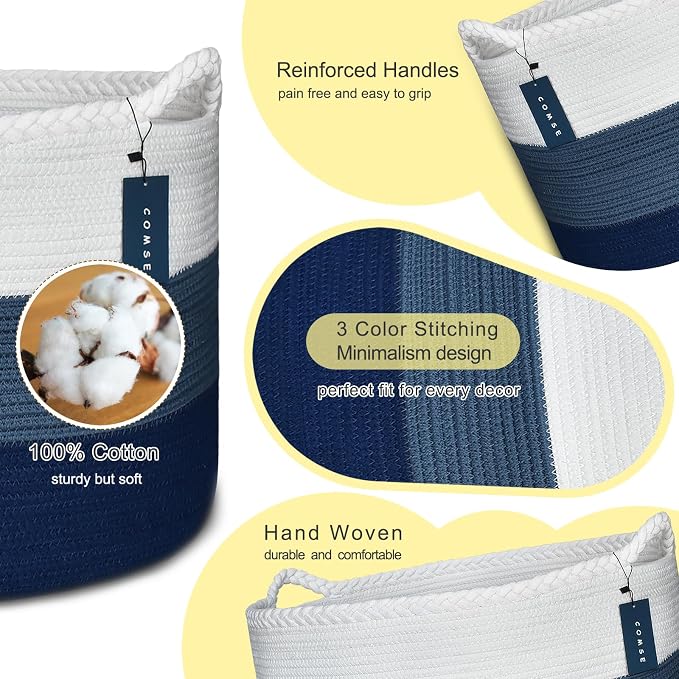 COMSE XXXLarge Woven Blanket & Laundry Basket, 87L, White & Blue | 21.7" x 13.8", Cotton Rope, Nursery Hamper for Storage of Toys Clothes Towels, Ideal for Living Room Bedroom Bathroom