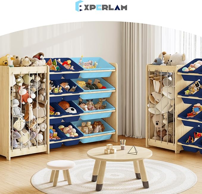 EXPERLAM Kids Toy Storage Organizer, 2-in-1 Stuffed Animal Storage & Toy Organizer w/12 Bins, Solid Wood Toy Rack Featuring Thicker Elastic Ropes, Playroom Nursery Bedroom Storage, Blue