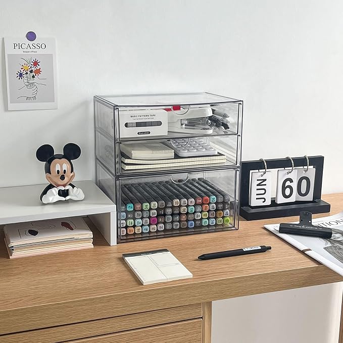 Clear Desk Drawer Organizer, 2 Pack, 3 Drawers | Stackable Desk Organizer and Accessories, For Home Office Supplies, Marker Pen, Art Crafts, Stationery, Coffee Pods