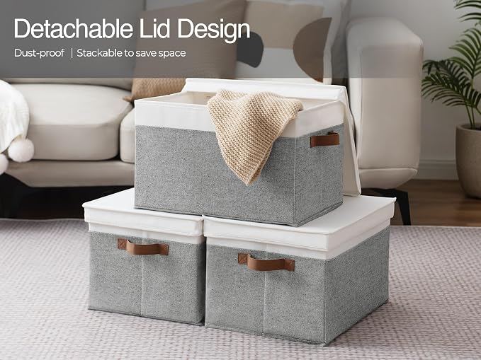 StorageWorks Fabric Storage Bins with Lids, Closet Storage Bins | Lidded Dust-proof, Easy Pull Handles, Foldable, Stackable, Ideal for Clothes Blanket Towel, Jumbo, Gray and White, 3-Pack