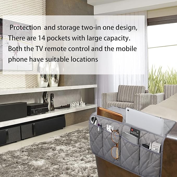 Armchair Caddy,Non Slip Recliner Organizer,Waterproof Sofa Armrest Organizer, Remote Control Holder for Recliner.Chair Arm Organizer with 14 Pockets for TV Remote, Phone, Magazine
