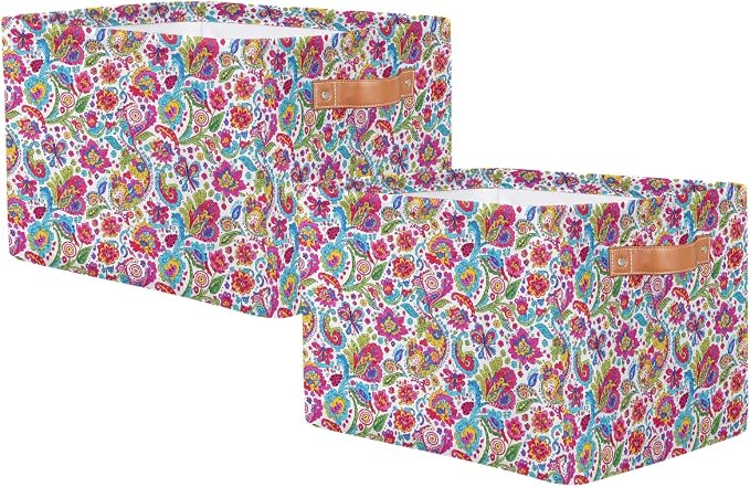 AUUXVA Storage Basket Colorful Paisley Flower Floral Storage Cube Box Durable Canvas Collapsible Toy Basket Organizer Bin with Handles for Shelf Closet Bedroom Home Office