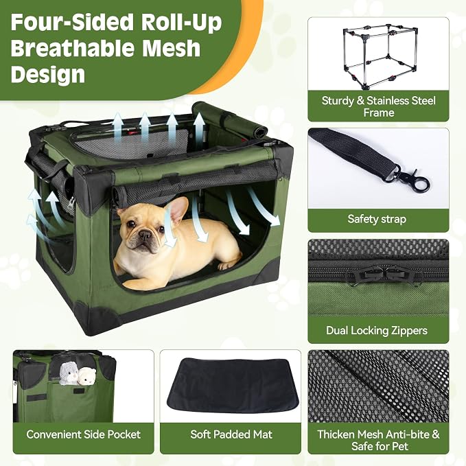 24" Small Dog Crate,Portable Crate for Small Dogs, Portable Travel Pet Crates,Soft Dog Crate Collapsible Dogs Crate,with 4 Mesh Doors, Foldable Car Kennel for Puppy with Handle for Outdoor - Green