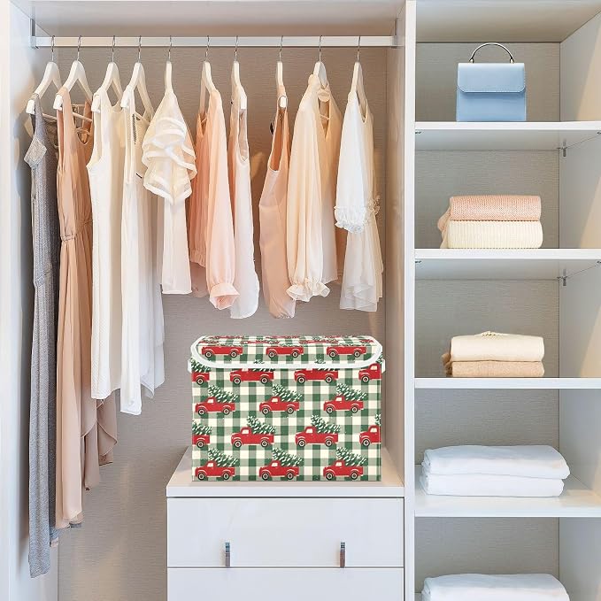 Christmas Red Truck Storage Bins with Lids Closet Bedroom 40L Fabric Bin | Decorative Storage Boxes, Foldable & Stackable, Dust-Proof Flip Top, Reinforced Handles, For Home & Dorm, Clothes & Toy Box