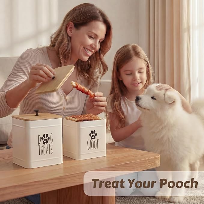 PERFNIQUE Dog Treat Container, Airtight Dog Treat Jar Set of 2, Dog Cookie Jar for kitchen Counter, Pet Treat Container, Dog Treat Canister and Storage, 7.8x6.2 & 7.3x5.5(White)