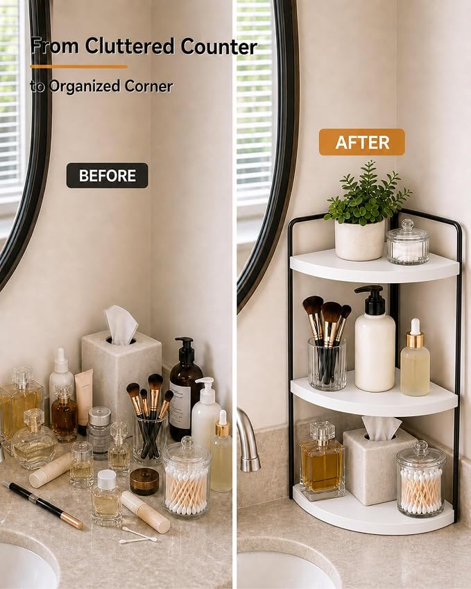 3-Tier Corner Bathroom Counter Organizer, Solid Pine Vanity Shelf, White | Solid pine 3-tier corner shelf with 6.3 in clearance for tall bottles in bathroom, vanity, kitchen, or coffee bar.