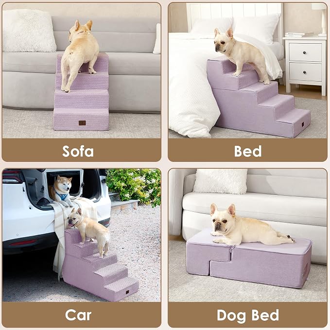 EHEYCIGA Dog Stairs for Small Dogs 13.5" H, 3-Step Dog Steps for Cats, Lilac