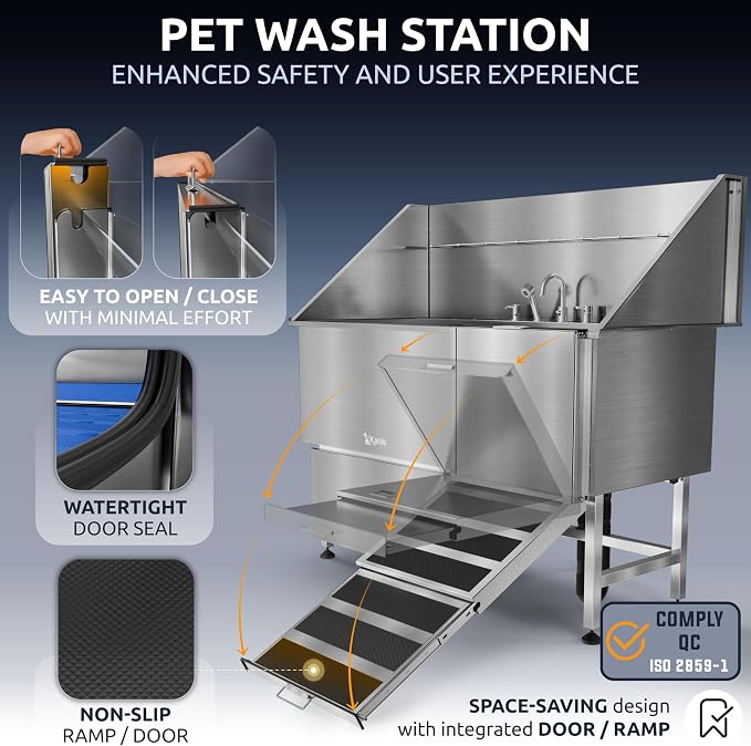 Professional Dog Washing Station 304 Stainless Steel Pet Wash Sink | Grooming Bathtub w/Shower, Floor Grates and Storage for Large, Medium & Small Pets (Silver, 61 Inches, Right Ramp, 1 Drawer)