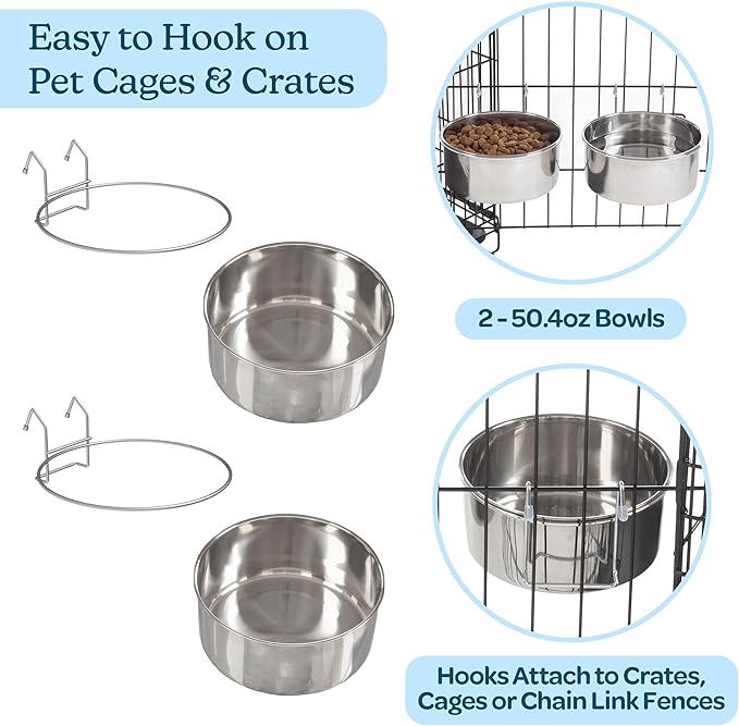 Set of 2 Stainless-Steel Dog Bowls - Cage, Kennel, and Crate Hanging Pet Bowls for Food and Water - 50.4oz or 6.3 Cups Each and Dishwasher Safe by PETMAKER