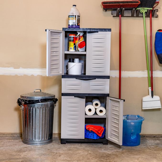 Sunnydaze 57" Garage Storage Cabinet with Doors & Shelves, Gray | Heavy Duty Resin Storage Cabinet Resists Rust & Peeling, Utility Cabinet with Drawer & Anti-Tip Kit for Laundry, Office