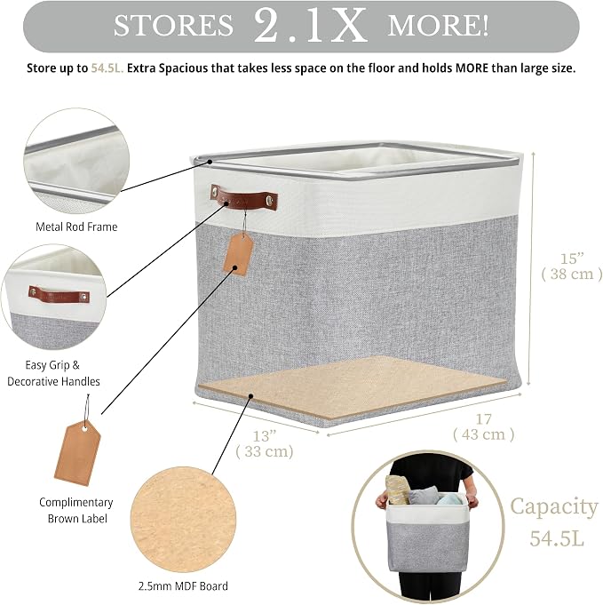 DECOMOMO Extra Large Storage Baskets, 54.5L Fabric Storage Bins 3 Pack | XXXL Storage Baskets for Shelves, Linen Closet Organizers (Grey and White, 17" x 13" x 15")