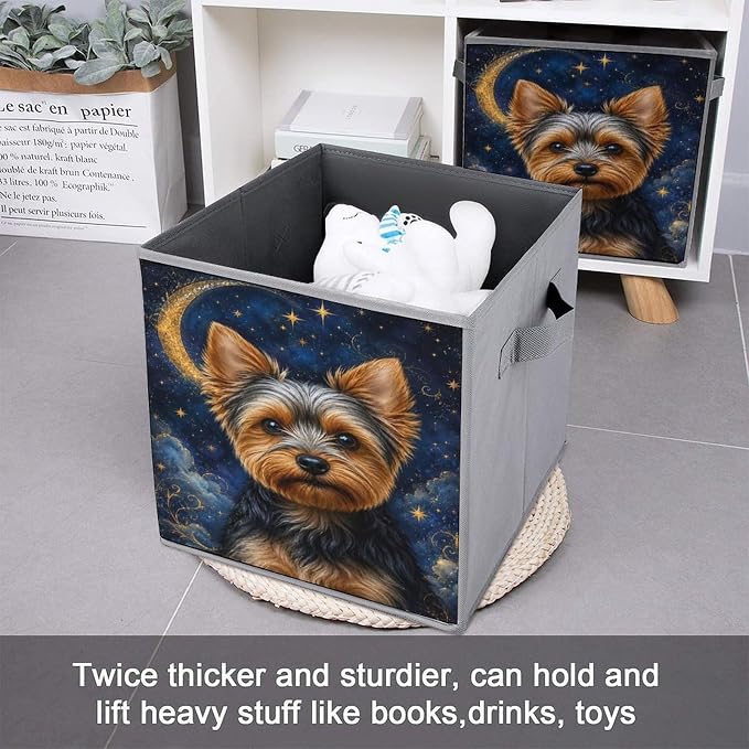 Yorkie Dog Starry Night Moon Storage Bin with Handles, Oxford Fabric Foldable Storage Cube Organizer for Clothes, Towels, Bedroom, Living Room, Home Organization
