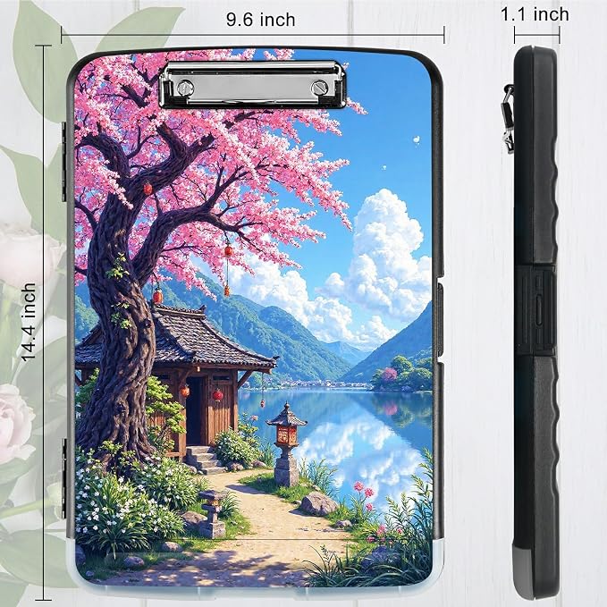 A4 Clipboard with Storage Pen Holder, Clipboards Organizer Nursing Clipboard Foldable File Folder Plastic Clipboard Folio Clip Board for Office Work Classroom Doctor, Pink Flower Brook