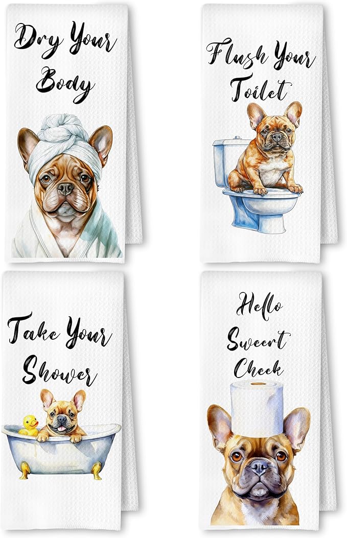 Funny French Bulldog Hand Towels for Bathroom Washroom, Dog Bathroom Decor, Gifts for French Bulldog Lovers, Frenchie Mom Gifts Hand Towels, 16x24 Inch Set of 4