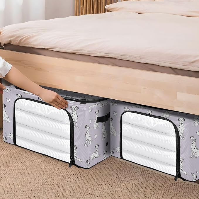Cute Pets Dogs Purple pattern Under Bed Storage Containers with Double Zipper Openings, Foldable Clothes Storage Bins with Clear Window and Handles for Comforters Blankets Bedding