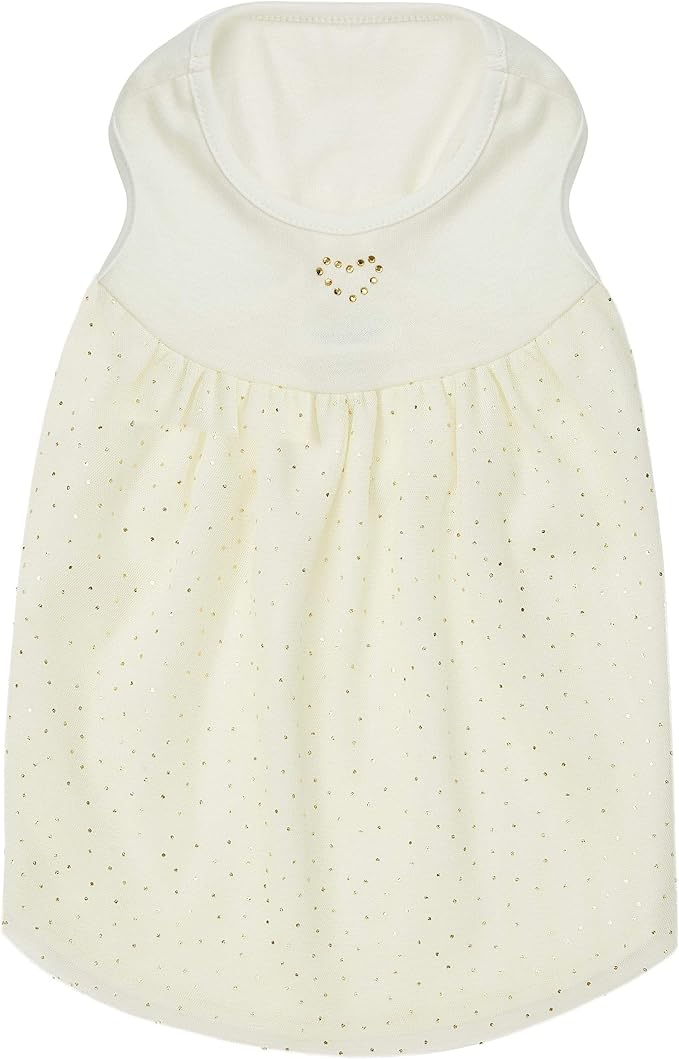 Blueberry Pet My Little Princess Cotton Blend Dog Tulle Dress in Sweet Vanilla with Heart, Back Length 10", Pack of 1 Clothes for Dogs