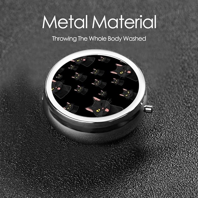 Mini Pill Case, Round Compact Organizer, Portable Holder for Supplements, Travel Pill Box Purse Carry for Students, Cool Funny Black Cats