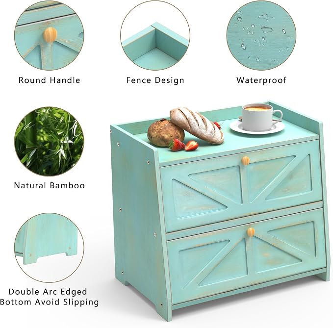 Trironsun Vintage Double Layer Bread Box for Kitchen Counter Bamboo Bread Storage Container Large Capacity Bread Storage Bin (Antique Blue)