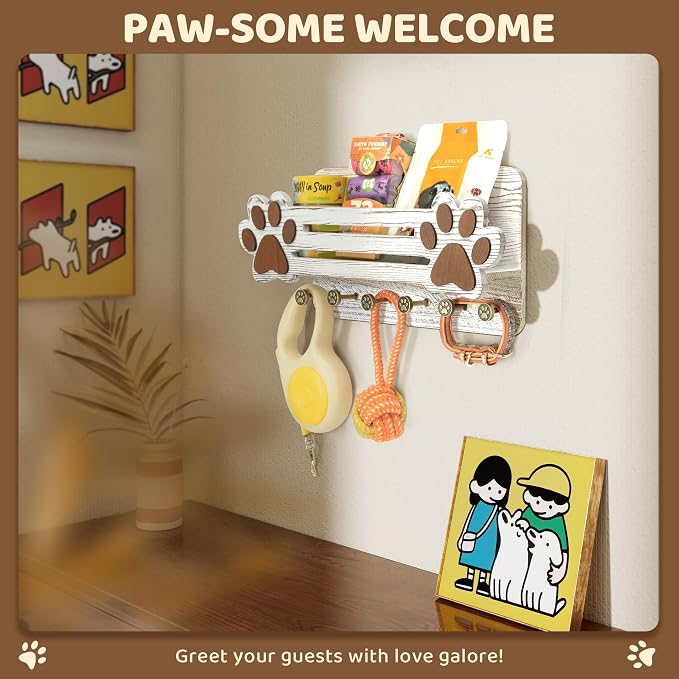 MTERSN Dog Leash Holder for Wall with Wall Shelf for Dog Lover, White | 3D Paw-print Design, Mail Holder for Wall with 6 Hooks for Dog Leash & Sunglasses, Put Dog Food Container, Rustic Home Decor