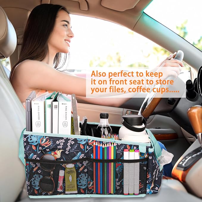 HEYSKAY Backseat Car Organizer Car Caddy Passenger Seat Organizer for Kids | Collapsible Small Car Storage, Console Front Seat Car Organizer for Truck, SUV and Minivan, Adjustable Compartment Space