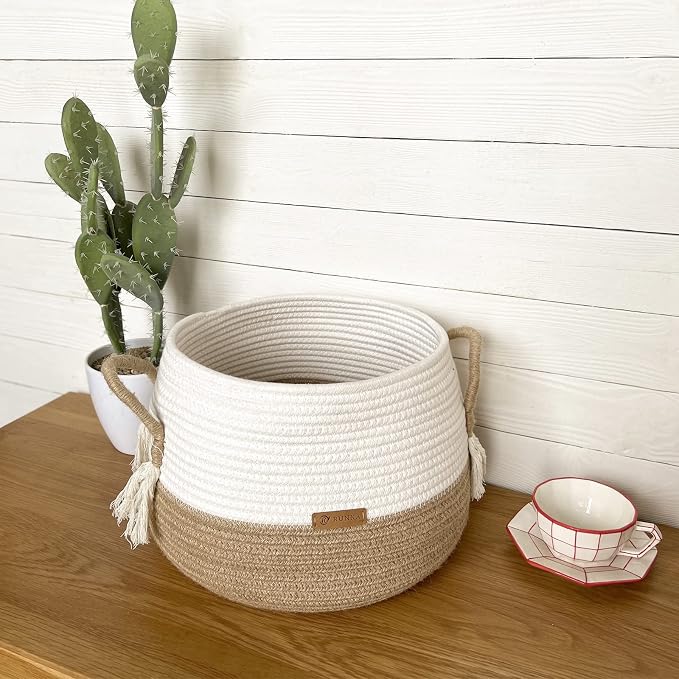 R RUNKA Small Basket for Stuffed Animal,Clothes ,Baby Blankets -11.8"x9.8"- Boho Baskets for Living Room,Bedroom,Nursery |Cotton Rope Baskets, Cube Basket, Under Shelf Basket | Baskets for Home Decor
