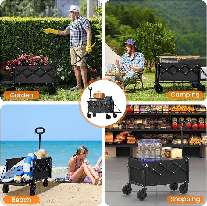 Foldable Wagon Cart 360 Lbs with Extension Part, Lightweight Portable Beach Wagon with Wheels, Large Capacity Pet Cart for Garden, Beach, Camping, Shopping (Black)