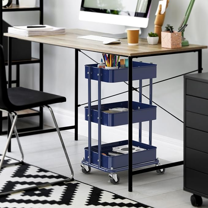 Simple Houseware 3-Tier Utility Cart, Low 24" Height Fits Under Desk, Navy | Compact & Lower Height Great for Under-Desk Space-Saving Storage for Home Office, Dining Room, or Kitchen