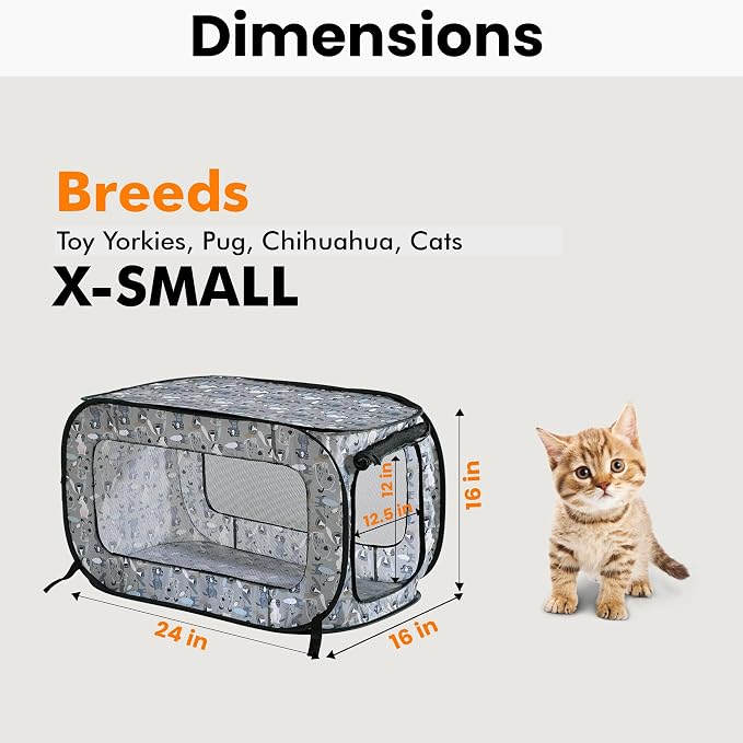 Portable Collapsible Pop Up Kennel, 24" L x 16.6" W x 16" H, Tail Waggers | Collapsible indoor/outdoor travel cat and dog crate with mesh screen windows pops up and folds flat for easy storage