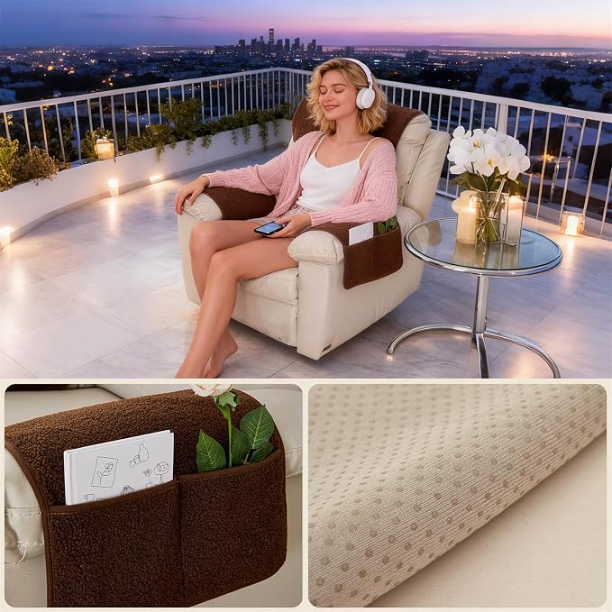 Sherpa Fleece Armrest and Headrest Covers with 2 Pockets | Soft fleece with nonslip silicone backing helps protect leather and fabric furniture from pet scratches machine washable