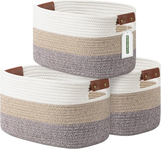 ECDYQXVU 15x10x9 Woven Cotton Rope Storage Basket, Leather Handles 3 Pack | Foldable Design, Sturdy PU Handles, Easy to Clean Organizer for Living Room, Closet, Shelves, Bedroom, Laundry, Clothes