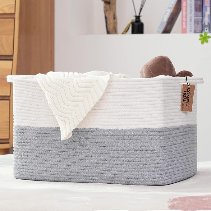 COMFY-HOMI Large Rectangular Blanket, Cotton Rope Woven for Storage, LaundryHamper, Storage,Toy Organizing Bin with Handle, Organizer and Storage-22x15x12-