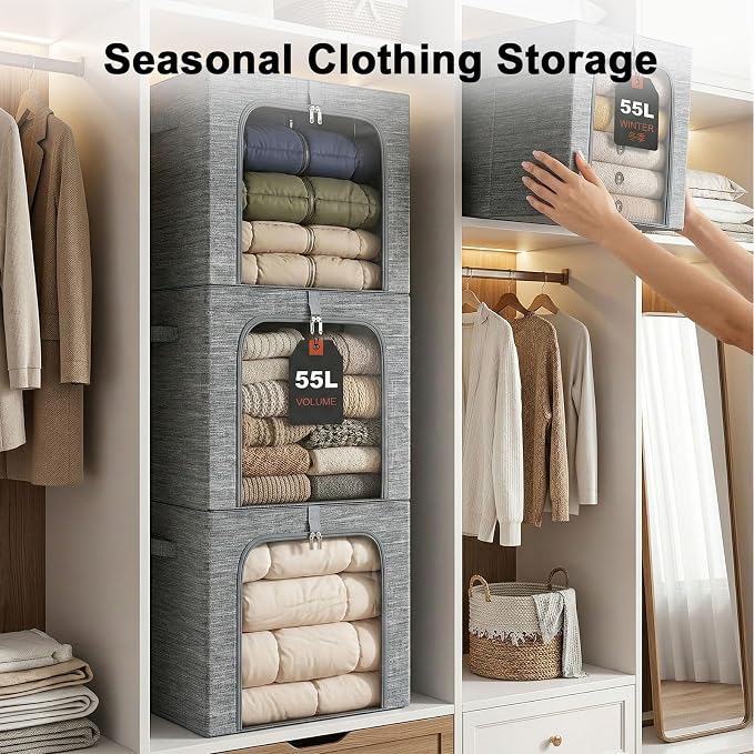 GoMaihe Blanket Storage Bins with Metal Frame for Closet, 55L 4-Pack Grey | Clothing Comforters Bedding Winter Coat, Closet Top Shelf, Collapse-Proof Stackable, Clear Window, Dual Access Space Saving