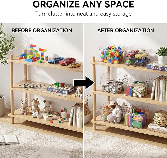 MOONEDGE 4-Pack 10x10x6 Clear Plastic Cube Storage Bins with Handles | Acrylic hard square organizer containers for closet,pantry,fridge,kitchen,bathroom,laundry,under-sink,cabinet organization