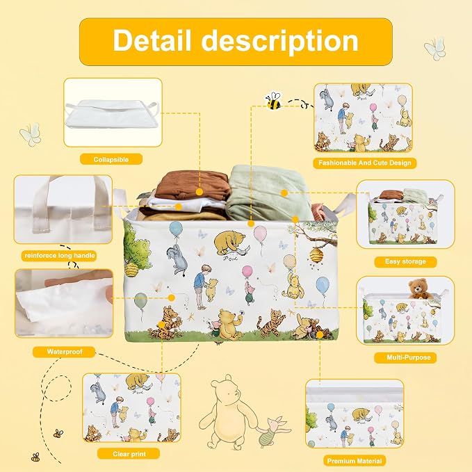 Winnie Basket,the Pooh baby Stuff,Winnie Nursery Decor Laundry Hamper With A Waterproof PECoating, Foldable, Bathroom and Bedroom SetClothes ,Toys Bin, Baby Nursery Hamper Decor