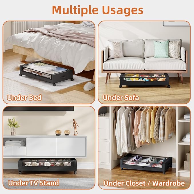 Somdot Under Bed Storage with Wheels, 2 Pack Under Bed Storage Containers | Underbed Shoe Storage Organizer with Clear Lids, Rolling Under The Bed Storage for Clothes, Blankets, Toys, Black